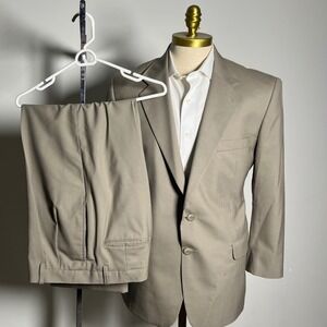 Tom James Suit Mens 40R 32x27 Tan Solid Wool Pleated 2 Button